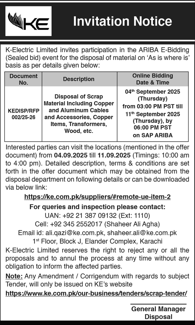 K-Electric Limited Tender Notice